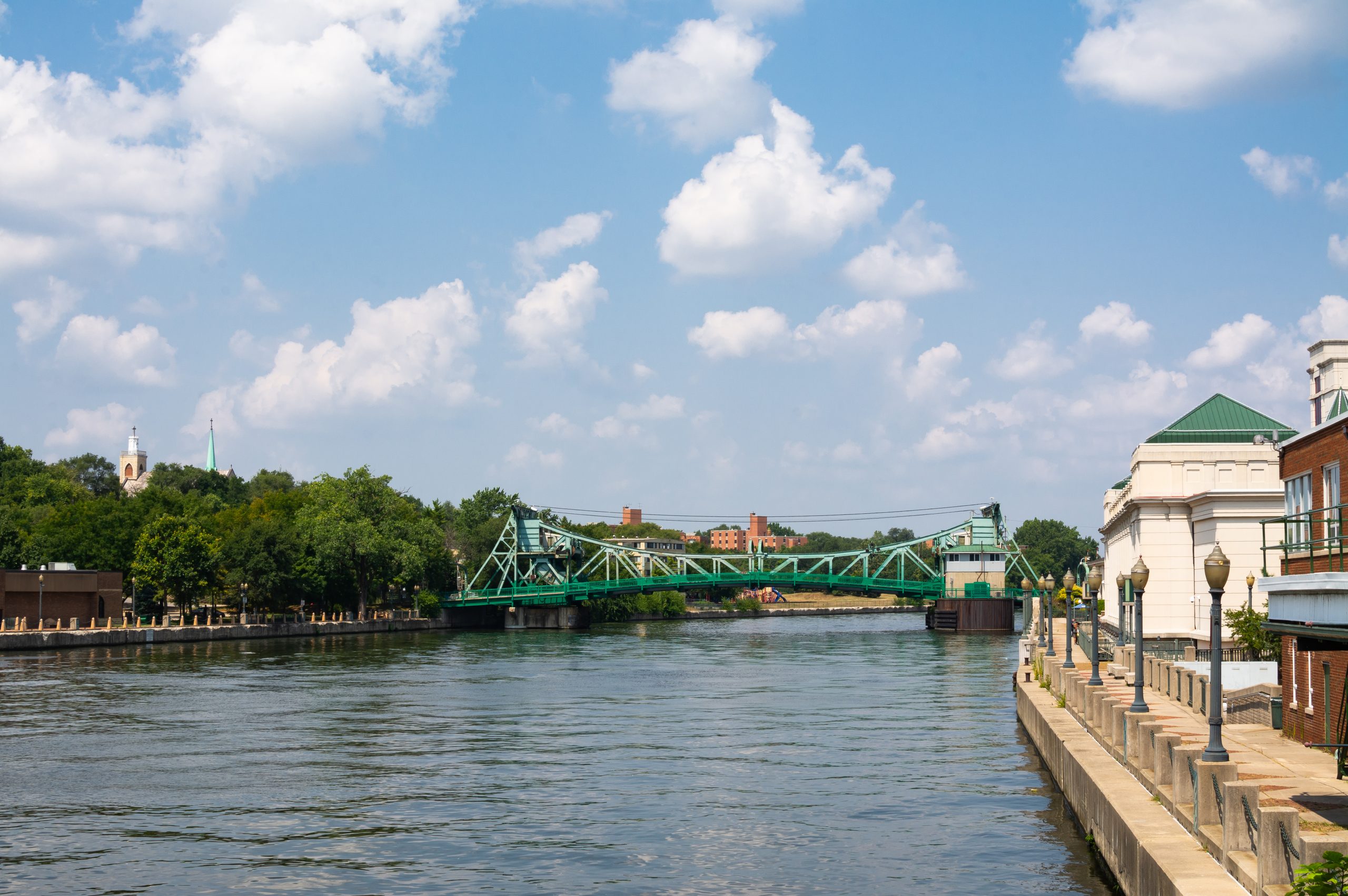 View down the Des Plaines River on a Summer afternoon.  Joliet, Illinois, USA